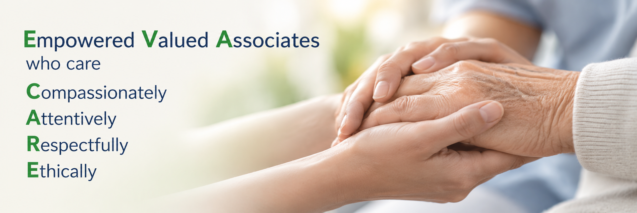 A caregiver gently holding an older adult’s hands.